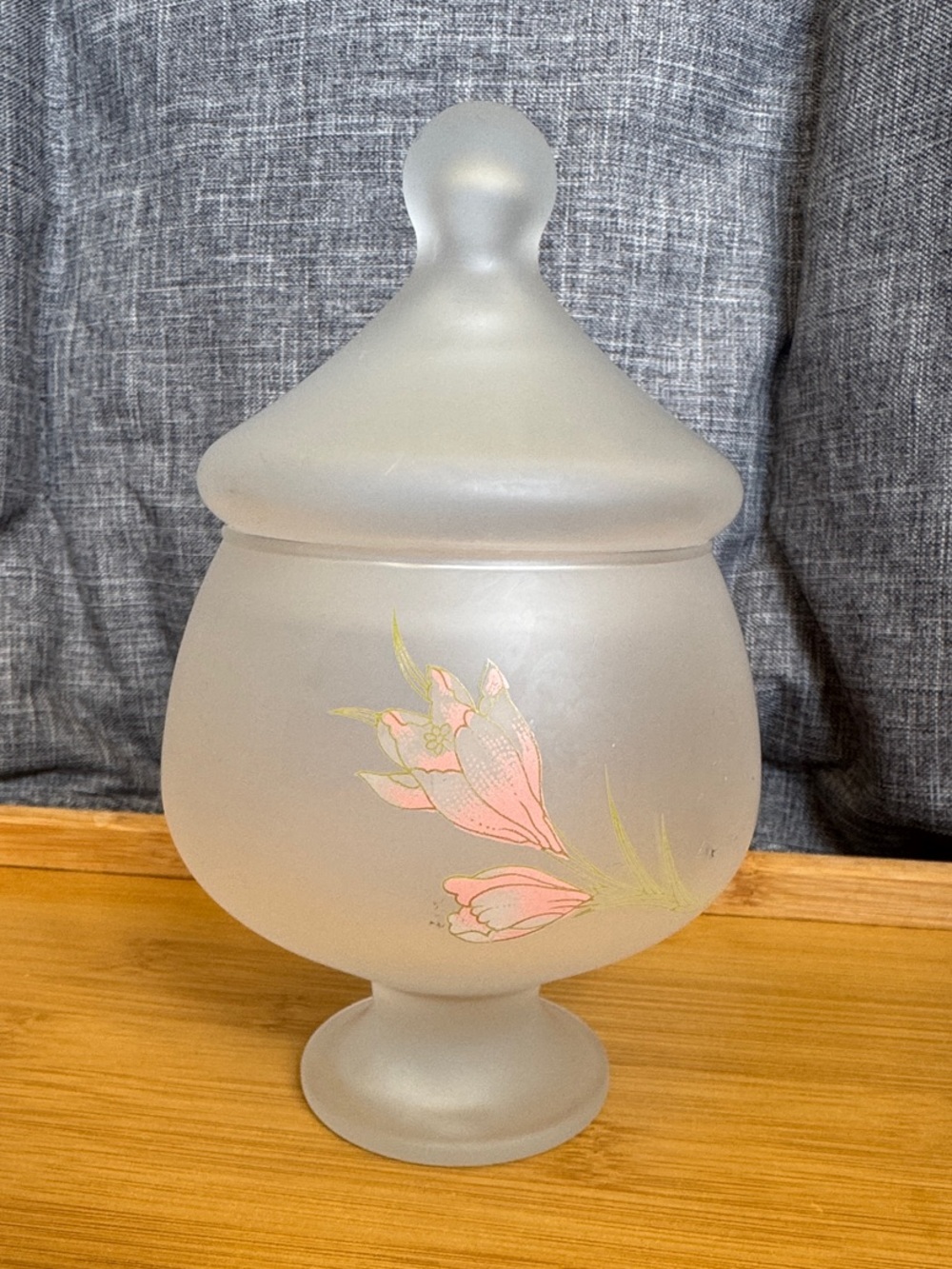 Pasahahce Turkey Frosted Glass Lidded Candy Dish with Pink Floral Motif